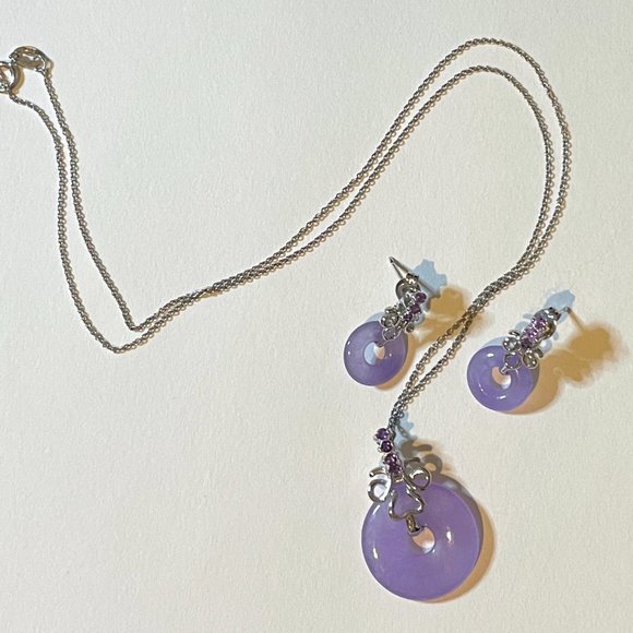 💜 Sterling Silver Lavender Jade Amethyst Earrings and Pendant Necklace Set 925 - Picture 14 of 15